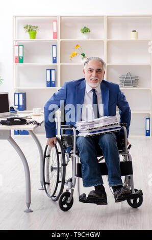 Im Alter von Beschäftigten im Rollstuhl die Arbeit im Büro Stockfoto