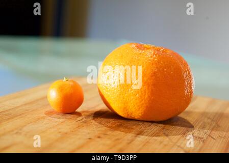 Mandarinen, grosse und kleine, auf einem Holzbrett. Stockfoto