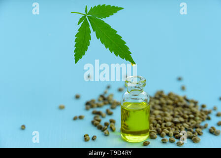 Hanf Öl in Glasflasche, Samen und Blätter auf hellblauem Hintergrund. Blatt schwebend über dem Glas Stockfoto