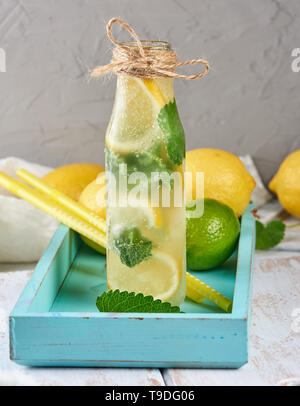 Kaltes Getränk mit Zitronen, Minze, Limette in einer Glasflasche, in der Nähe der Zutaten für Limonade Stockfoto