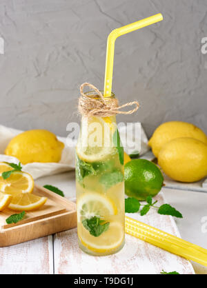 Kaltes Getränk mit Zitronen, Minze, Limette in ein Glas Flasche und einen gelben cocktail Rohr, in der Nähe der Zutaten für die Herstellung von Stockfoto