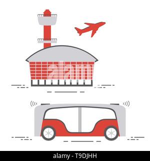 Selbstfahrer Transport der Passagiere zum Flughafen. Automatisierte Bus, autonome Fahrzeug, fahrerlose Bus. Den wissenschaftlichen und technischen Fortschritt. Neue techn Stock Vektor