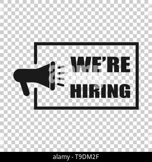 Wir stellen ein Symbol in transparenten Stil. Stellenausschreibung suche Vector Illustration auf isolierte Hintergrund. Megaphon verkünden Geschäftskonzept. Stock Vektor