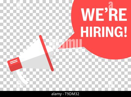 Wir stellen ein Symbol in transparenten Stil. Stellenausschreibung suche Vector Illustration auf isolierte Hintergrund. Megaphon verkünden Geschäftskonzept. Stock Vektor