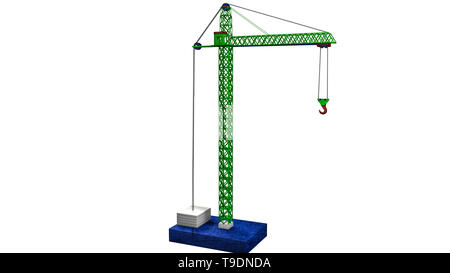 Modell einer Spielzeug Kran mit grüner Farbe. 3D-Rendering Stockfoto