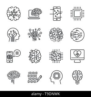 Einfacher Satz von künstlichen Intelligenz Zeile für Symbole enthält solche Ikonen wie Droid, Auge, Chip, Gehirn. Editierbare Schlaganfall. Stock Vektor