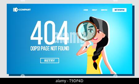 Oops, Seite nicht gefunden Fehler 404 Landing Page Vektor. Charakter weiblich durch die Lupe kreative Design Konzept der Ausfall Website oder Web Stock Vektor