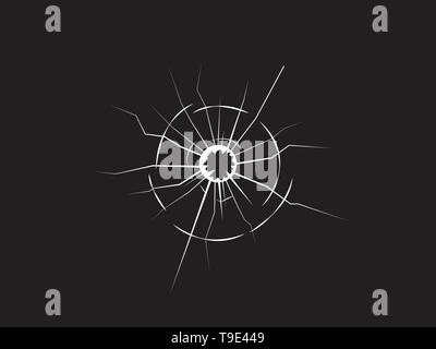 Risse im Glas mit Loch auf schwarzem Hintergrund Stock Vektor