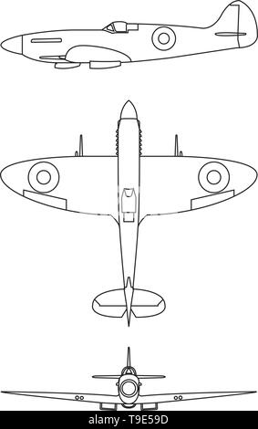 U-Boot spitfire Linie illustration Vektor blau Drucken auf weißem Hintergrund. Stock Vektor