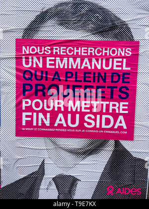 Adjutanten asociation Herausforderungen der französische Präsident der Republik, Emmanuel Längestrich auf die Frage von HIV/Aids, Lyon, Frankreich Stockfoto