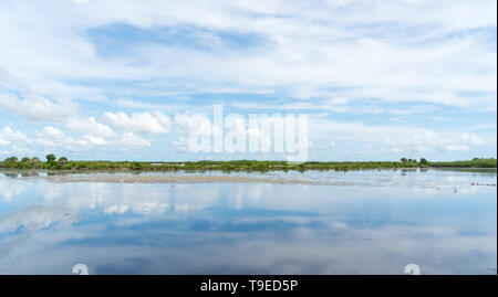 Blick über Wasser, Feuchtgebiete mit Spiegel Reflexion von Himmel und Wolken Stockfoto