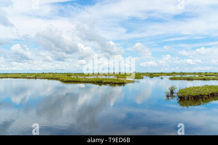 Blick über Wasser, Feuchtgebiete mit Spiegel Reflexion von Himmel und Wolken Stockfoto