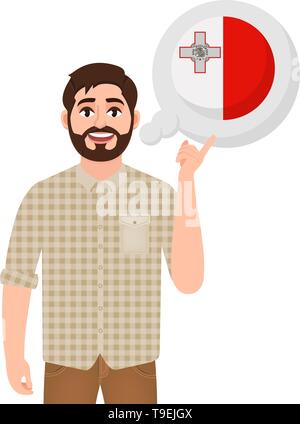 Happy bärtiger Mann sagt oder denkt über das Land, in Malta, europäische Land, Symbol, Reisender oder touristische Vector Illustration Stock Vektor