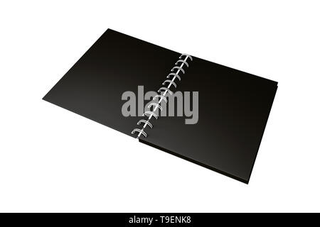 3D-Rendering, leeren schwarzen Mock up Spirale Notebook oder Kalender mit Schatten und kopieren Sie Raum für ihre Gestaltung, auf weißem Hintergrund. Stockfoto