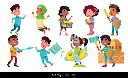 Charakter Kinder freuen und Spielen ein Vektor. Happy School multirassischen Kinder springen, mit Freude und Lachen. Glück und begeistert Schüler Jungen ein Stock Vektor