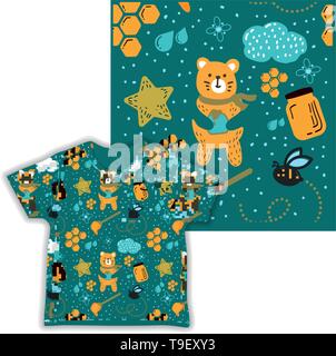 Cute Honey Bear Seamless Pattern Print shirt fabric Vector Illustration Stock Vektor