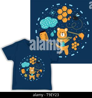Cute Honey Bear Seamless Pattern Print shirt fabric Vector Illustration Stock Vektor