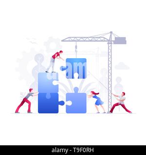 Vector Illustration Menschen bauen eine neue Erfolge mit Puzzle. Business Teamarbeit Konzept. Menschen Zeichen arbeiten zusammen. Fina Stock Vektor