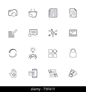 Verschiedene einfache Symbole für Web, Sites, App. Symbole mit thin line Set: Kamera, Zeitung, tiket, Geldautomat, Karte, Schloss, Laptop, Kommentar, Vertrag. Bearbeitbar Stock Vektor
