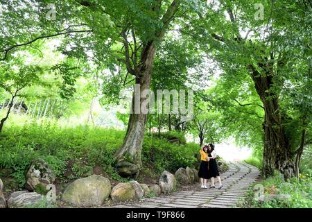 Jinzhai, Anhui Chinas Provinz. 18 Mai, 2019. Zwei Frauen nehmen an selfies Dawan Dorf Huashi County im Jinzhai County, der ostchinesischen Provinz Anhui, 18. Mai 2019. In den letzten Jahren, Dawan Dorf hat in die Entwicklung von Kaffee Industrie und Tourismus in ländlichen Gebieten begangen worden, als eine Möglichkeit, das Einkommen der Landwirte zu erhöhen. Im Jahr 2018 wurde das Dorf hob sich selbst aus der Armut. Credit: Liu Junxi/Xinhua/Alamy leben Nachrichten Stockfoto