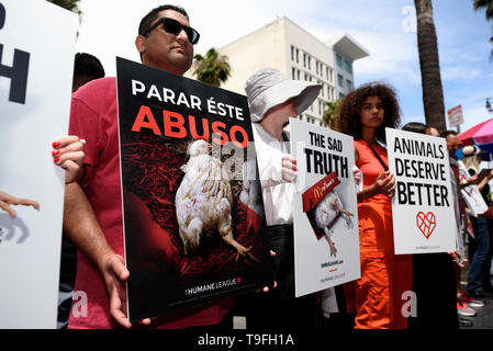 Los Angeles, USA. 18 Mai, 2019. Tierschützer gesehen Plakate während eines Protestes von, wie Sie es nannten, Tierquälerei in der Chicken supply chain von McDonald's. Der Protest fand vor einem McDonald's Fast Food Restaurant auf dem Hollywood Walk of Fame in Los Angeles. Credit: SOPA Images Limited/Alamy leben Nachrichten Stockfoto