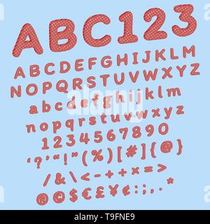 Comic Erdbeere Schriftart für Cartoon Abbildungen oder Flyer mit Tupfen und Streifen retro Elemente Stock Vektor