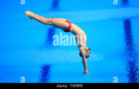 Kanadas Francois Imbeau-Dulac im 3m Sprungbrett Final an Tag zwei der Diving World Series in London Aquatics Centre, London. Stockfoto