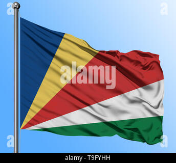 Seychellen Fahne winken in den tiefblauen Himmel Hintergrund. Isolierte nationale Flagge. Makro-ansicht erschossen. Stockfoto