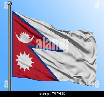 Nepal Fahne winken in den tiefblauen Himmel Hintergrund. Isolierte nationale Flagge. Makro-ansicht erschossen. Stockfoto