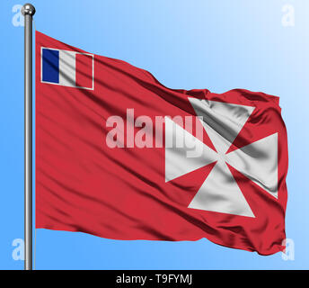 Wallis und Futuna Fahne winken in den tiefblauen Himmel Hintergrund. Isolierte nationale Flagge. Makro-ansicht erschossen. Stockfoto