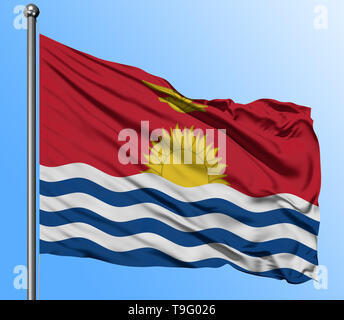 Kiribati Flagge schwenkten in den tiefblauen Himmel Hintergrund. Isolierte nationale Flagge. Makro-ansicht erschossen. Stockfoto