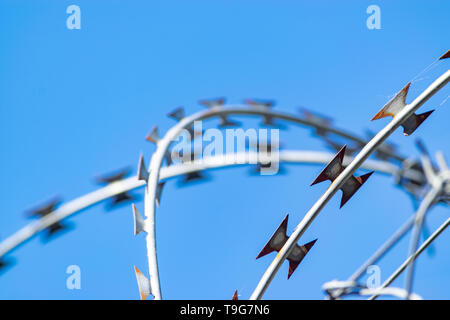 Details von Barb Drähte an einem sonnigen Tag Stockfoto