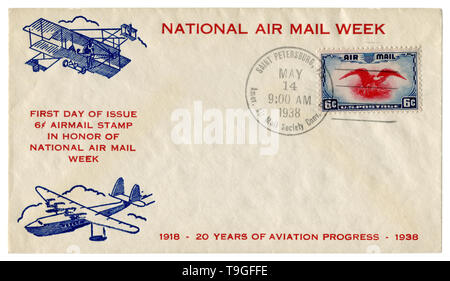 St. Petersburg, Florida, USA - 14. Mai 1938: Uns historische Umschlag: Abdeckung mit Gütesiegel National Air Mail Woche, alte Flugzeug und Flugzeuge, Stempel Stockfoto