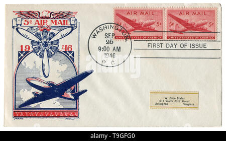 Washington D.C., USA - 25. September 1946: Uns historische Umschlag: Abdeckung mit Gütesiegel Air Mail, Fracht- und Passagierflugzeugen, Propeller, roten Stempel Stockfoto