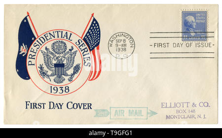 Washington D.C., USA - 8. September 1938: Uns historische Umschlag: Abdeckung Gütesiegel Presidential Serie, Wappen, Briefmarke James Knox Polk Stockfoto