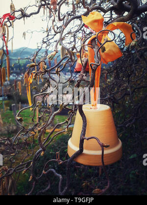 Land im Freien anzeigen Bell Ornament in der Nähe auflegen auf einem Baum mit einem gelben Band gebunden. Vintage Retro Stil Dekoration und einem kalten regnerischen Tag ländlichen sc Stockfoto