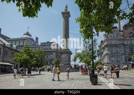 Blick auf die Nelson Säule bei Place Jacques-Cartier, alte Montréal, Québec, Kanada Stockfoto