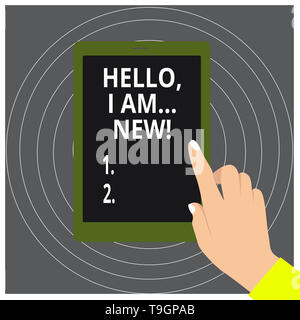 Schreiben Hinweis angezeigt Hallo ich bin neu. Business Konzept für Grußansagen oder Telefon Gespräch beginnen Stockfoto