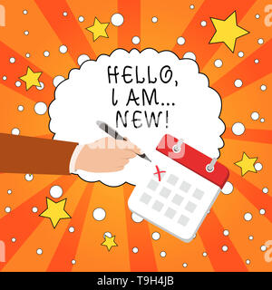 Schreiben Hinweis angezeigt Hallo ich bin neu. Business Konzept für Grußansagen oder Telefon Gespräch beginnen Stockfoto