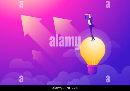 Business Mann fliegen im Himmel auf Heißluftballon und Planung voran. Durch Spyglass. Idee, Konzept. Flat Style Vector Illustration. Stock Vektor