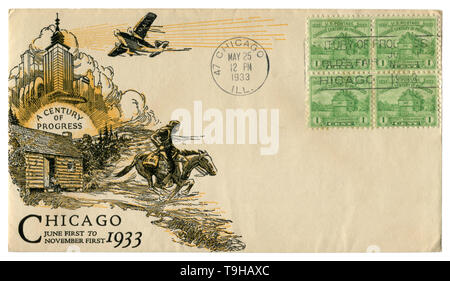 Chicago, Illinois, USA - 25. MAI 1933: Uns historische Umschlag: Abdeckung mit Kunst Gütesiegel ein Jahrhundert des Fortschritts, vier grüne Briefmarken einen Cent Stockfoto