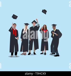 Studenten haben feiert Abschluss der Universität. Glückliche Junge und Mädchen werfen Sie Kappen und Diplome. Vector Illustration Stock Vektor