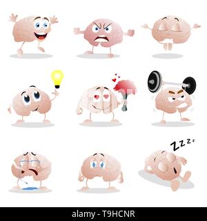 Eingestellt von Cartoon Gehirn Emotion. Funny Clips grafische Zeichen. Abbildung: Gehirn weinend und wütend, Meditation und denken, traurig, depressiv und Schlafen Stock Vektor