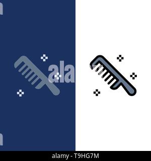 Bürste, Kamm, Kosmetik, sauber Symbole. Flach und Online ausgefüllt Icon Set Vektor blauem Hintergrund Stock Vektor