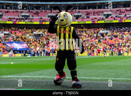 London, Großbritannien. 18 Mai, 2019. Kein guter Tag für die watford Maskottchen Harry Hornissen im FA Cup Finale zwischen Manchester City und Watford im Wembley Stadion, London, England am 18. Mai 2019. Foto von Andy Rowland. Credit: PRiME Media Images/Alamy leben Nachrichten Stockfoto