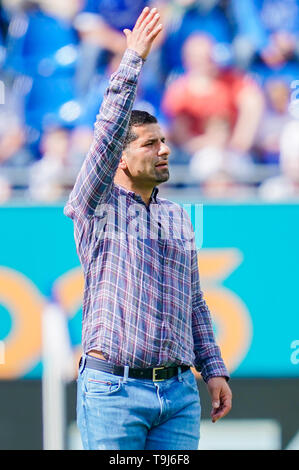 Darmstadt, Deutschland. 19 Mai, 2019. 2. Fussball Bundesliga, Darmstadt 98 - Erzgebirge Aue, 34. Spieltag, in der Merck Stadion am Böllenfalltor. Darmstadts Trainer Dimitrios GRAMMOZIS gestikulierte. Foto: Uwe Anspach/dpa - Verwenden Sie nur nach vertraglicher Vereinbarung/dpa/Alamy leben Nachrichten Stockfoto