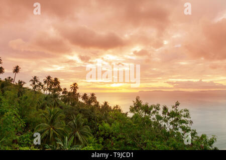 Tropische Landschaften - Regenwald und Meer bei Sonnenuntergang. Urlaub Hintergrund. Stockfoto