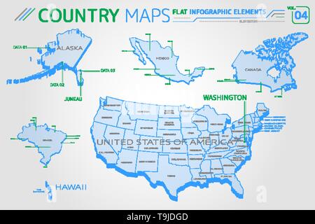 Vereinigte Staaten von Amerika, Alaska, Hawaii, Mexiko, Kanada und Brasilien Vektorkarten Stock Vektor