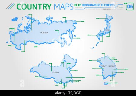 Russland, China, Japan und Südkorea Vektorkarten Stock Vektor