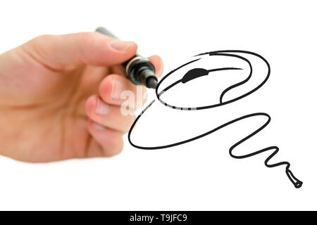 Männliche hand Zeichnung Computer Maus auf einem virtuellen Whiteboard. Stockfoto